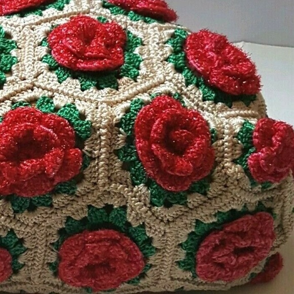 Vintage knit crochet sparkle large floral  bag - Picture 4 of 8